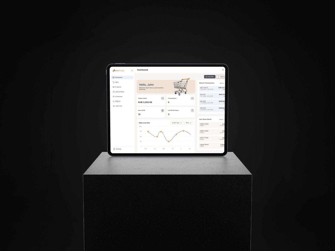 A tablet on a podium running the IMS point-of-sale screen