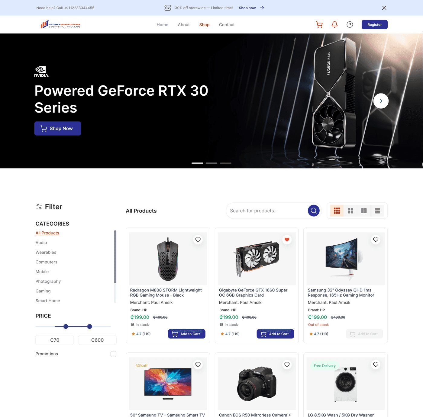 The IMS storefront showing a product grid and category filters